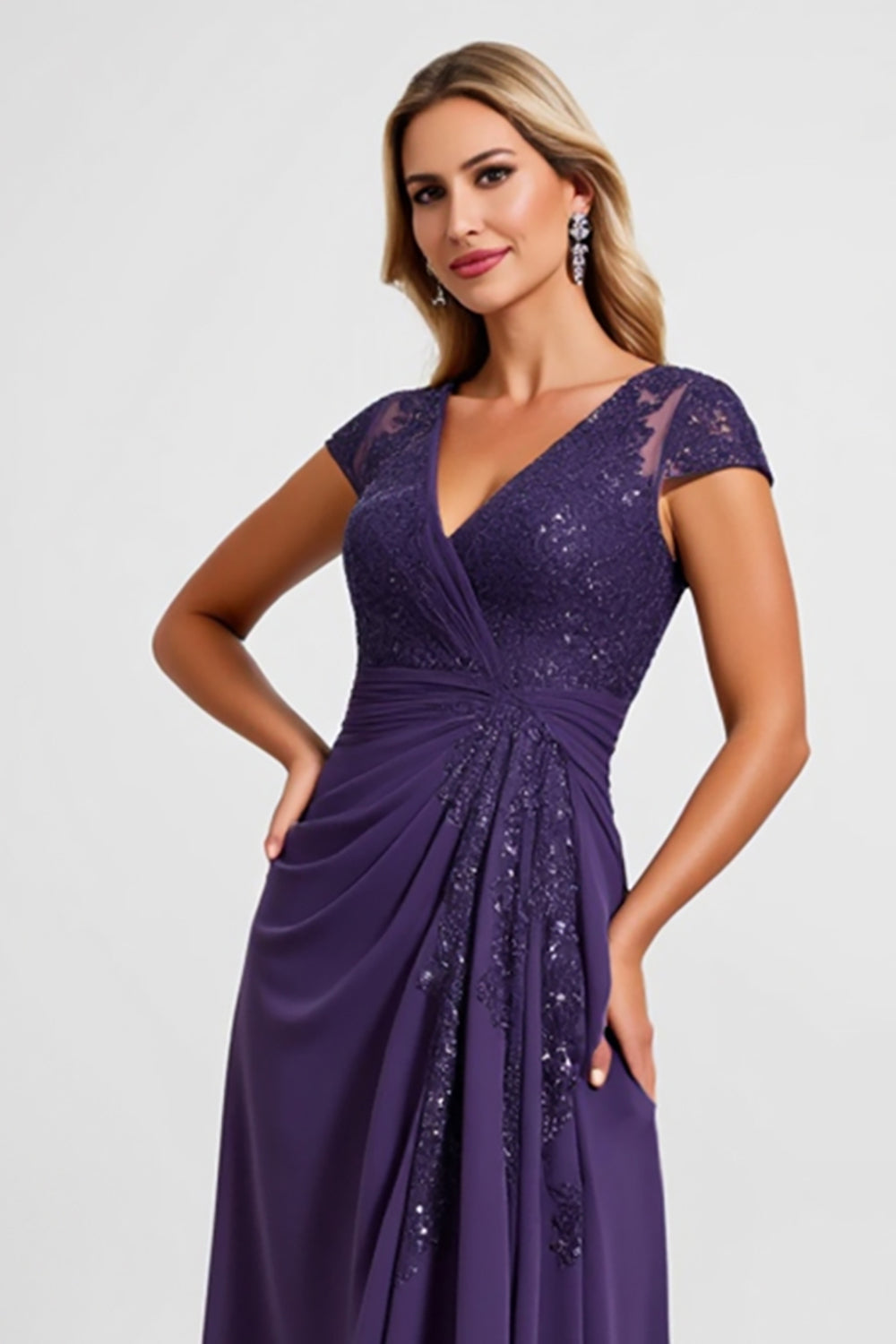 Purple Chiffon Ruched Mother of the Bride Dress with Appliques