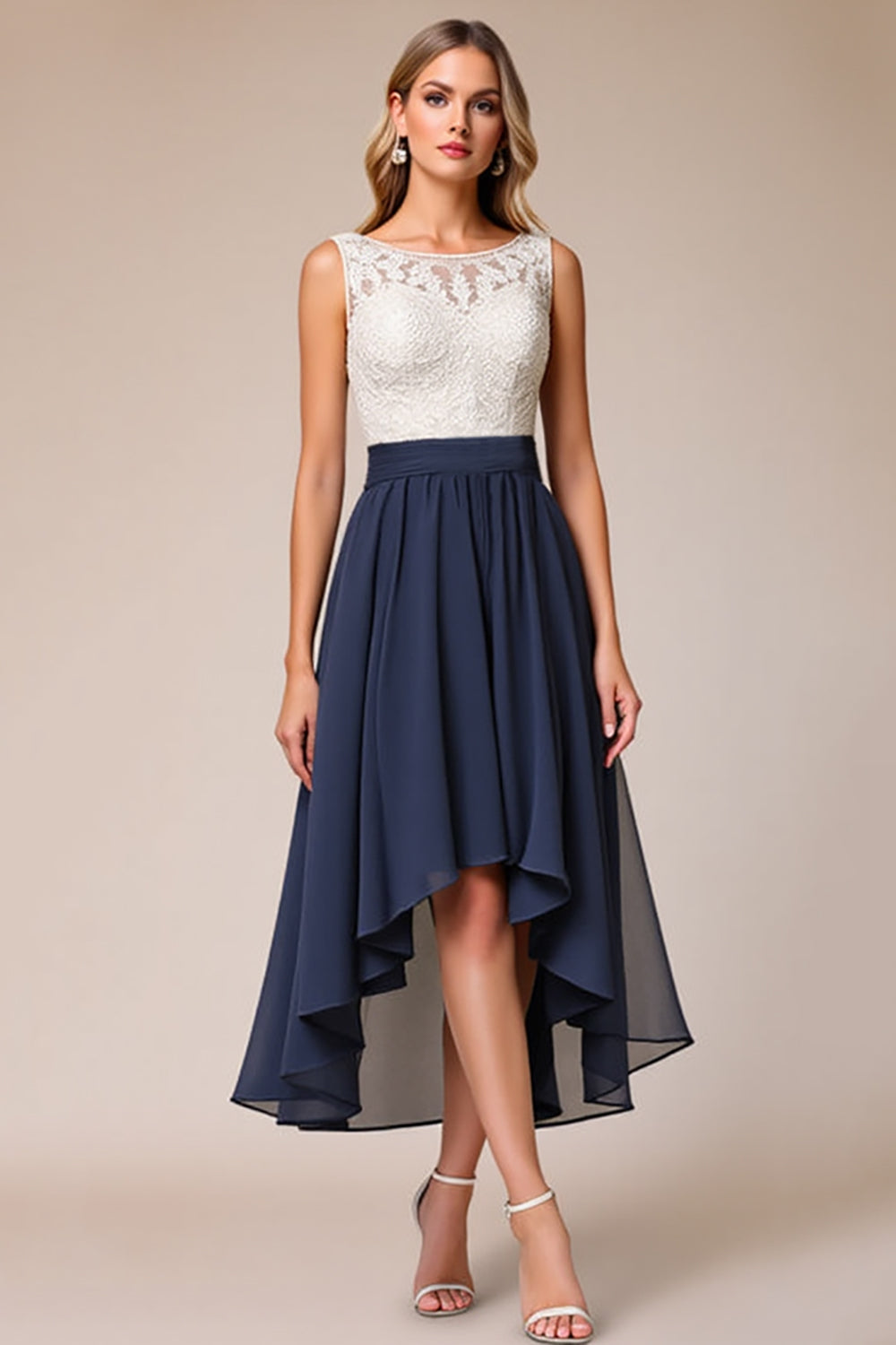 Navy A Line High-Low Wedding Guest Dress with Appliques