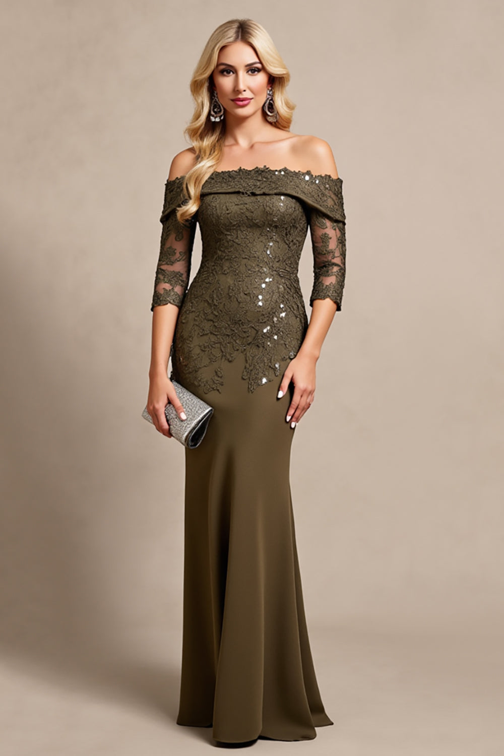 Off The Shoulder Olive Formal Dress with Appliques