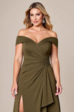 Off The Shoulder Olive A Line Mother of the Bride Dress with Slit