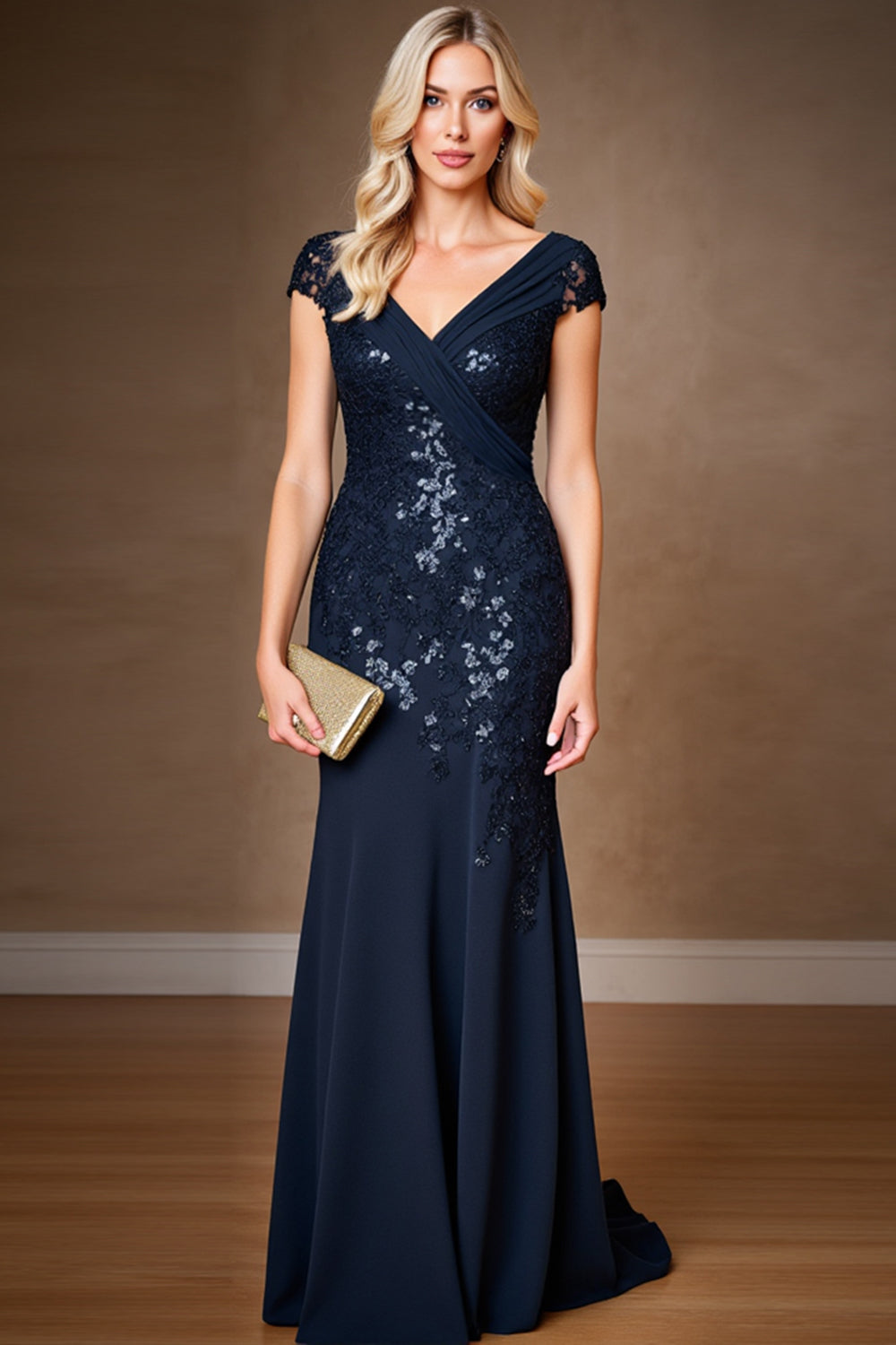 Navy Sheath Long Mother of the Bride Dress with Appliques