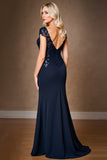 Navy Sheath Long Mother of the Bride Dress with Appliques