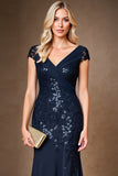 Navy Sheath Long Mother of the Bride Dress with Appliques