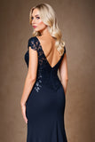 Navy Sheath Long Mother of the Bride Dress with Appliques