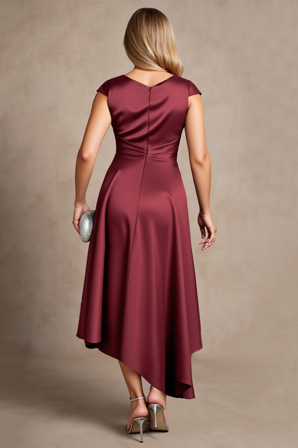 Asymmetrical Burgundy Satin Mother of the Bride Dress
