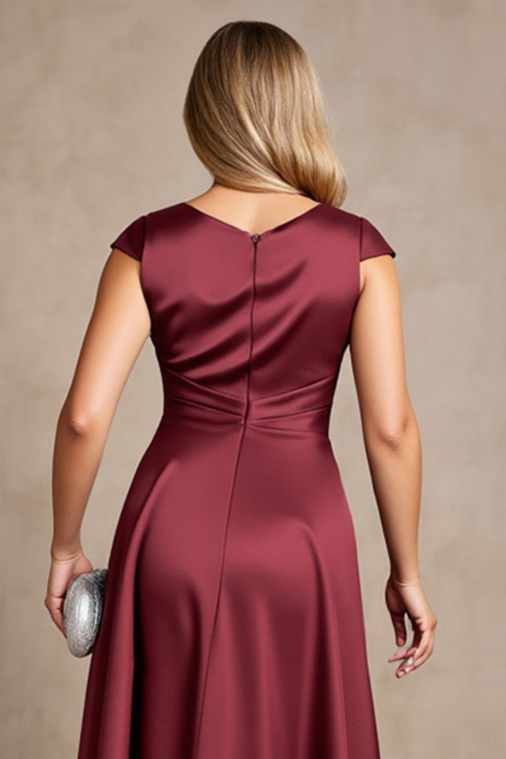 Asymmetrical Burgundy Satin Mother of the Bride Dress