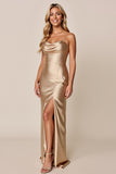 Gold Satin Sheath Wedding Guest Dress with Slit