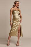 Gold Sheath Satin Cocktail Dress with Slit