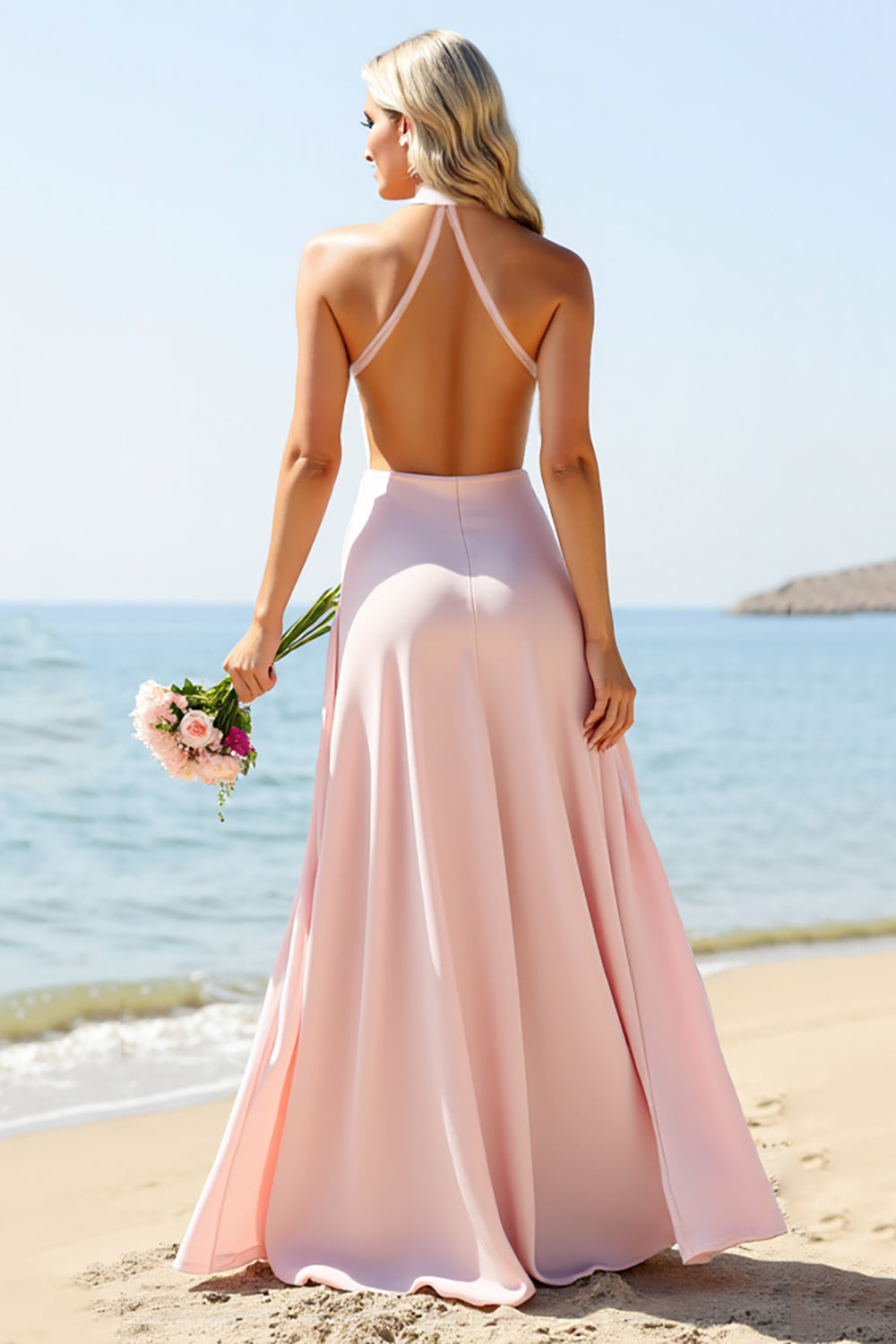 Halter A Line Long Candy Pink Bridesmaid Dress