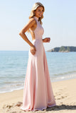 Halter A Line Long Candy Pink Bridesmaid Dress