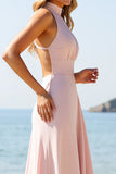 Halter A Line Long Candy Pink Bridesmaid Dress