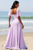 Chiffon A Line Lilac Bridesmaid Dress with Slit