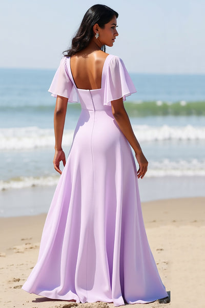 Berylove Women Lilac Bridesmaid Dress with Slit Chiffon Square Neck Flutter Sleeve A Line Wedding Guest Dress, Lilac / US16W Berylove Women Lilac Bridesmaid Dress with Slit Chiffon Square Neck Flutter Sleeve A Line Wedding Guest Dress, Lilac / US16W