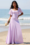 Chiffon A Line Lilac Bridesmaid Dress with Slit