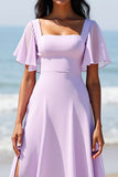 Chiffon A Line Lilac Bridesmaid Dress with Slit