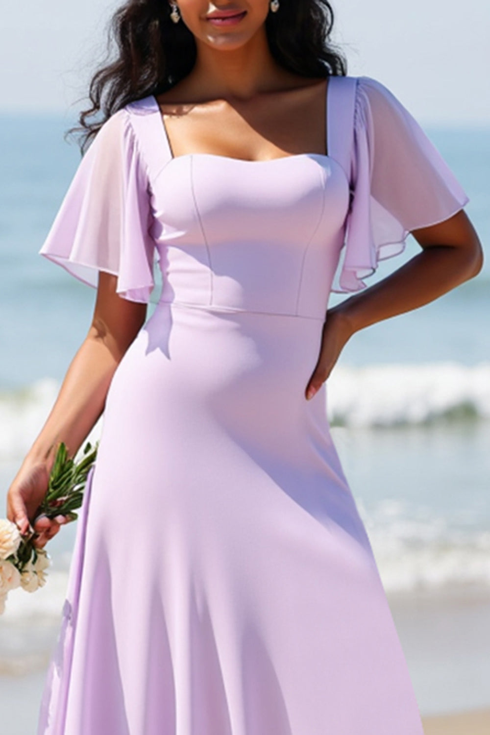 Chiffon A Line Lilac Bridesmaid Dress with Slit