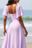Chiffon A Line Lilac Bridesmaid Dress with Slit