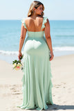 Plus Size Ruffled Mint Green Bridesmaid Dress with Slit