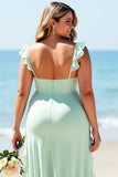 Plus Size Ruffled Mint Green Bridesmaid Dress with Slit