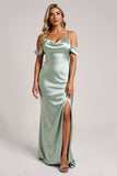 Satin Cold Shoulder Sage Green Bridesmaid Dress with Slit