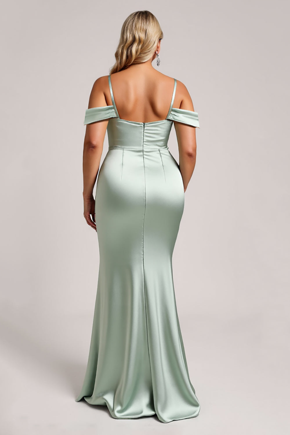 Satin Cold Shoulder Sage Green Bridesmaid Dress with Slit