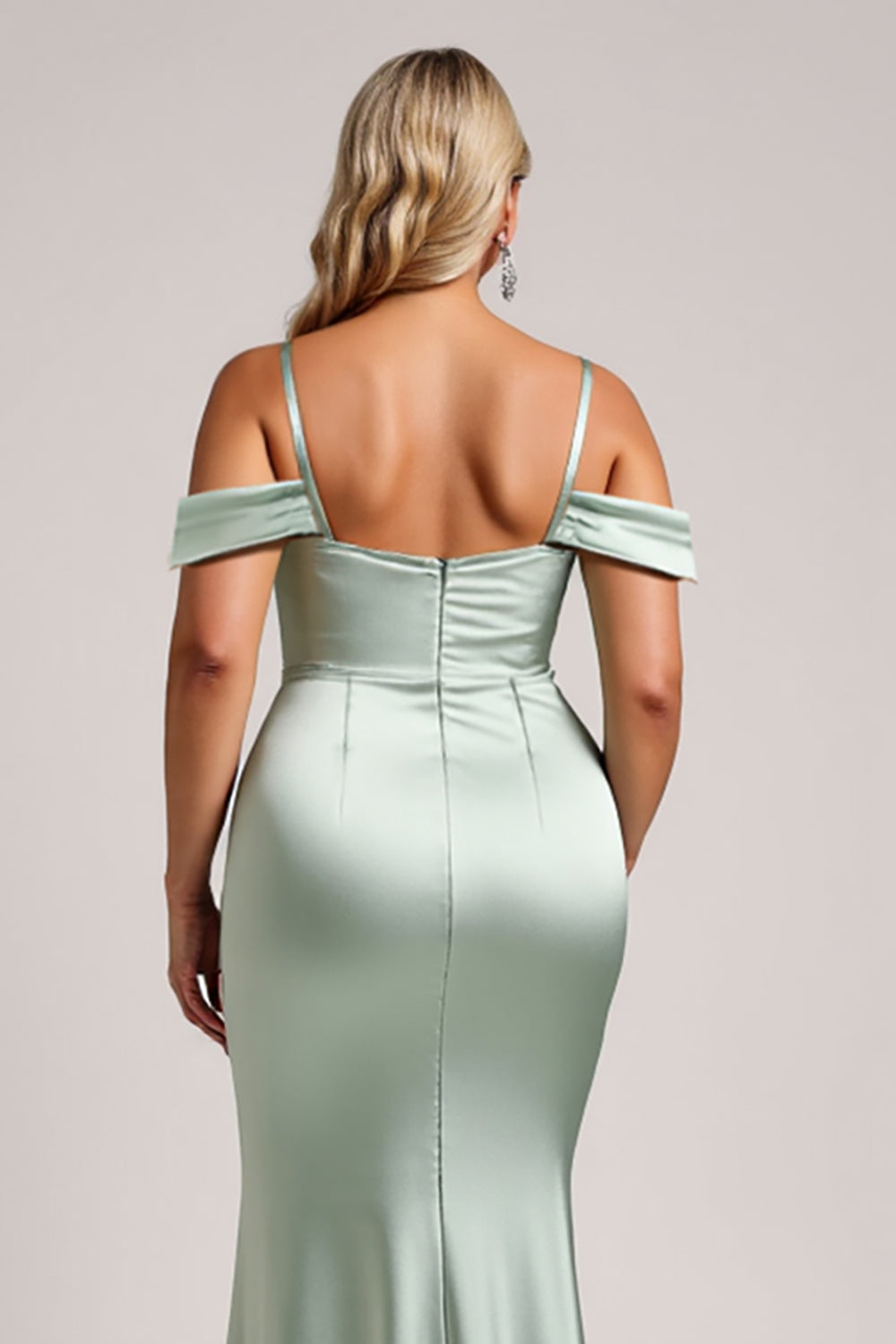 Satin Cold Shoulder Sage Green Bridesmaid Dress with Slit