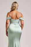 Satin Cold Shoulder Sage Green Bridesmaid Dress with Slit