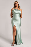 Plus Size Satin Sage Green Bridesmaid Dress with Slit