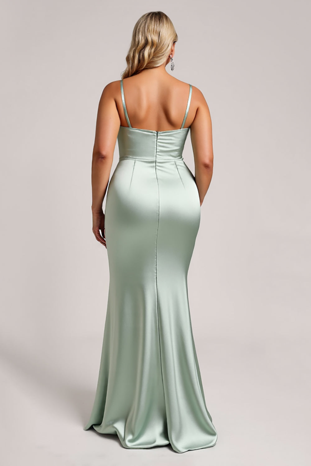 Plus Size Satin Sage Green Bridesmaid Dress with Slit