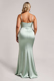Plus Size Satin Sage Green Bridesmaid Dress with Slit