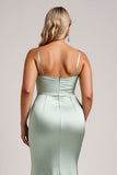 Plus Size Satin Sage Green Bridesmaid Dress with Slit