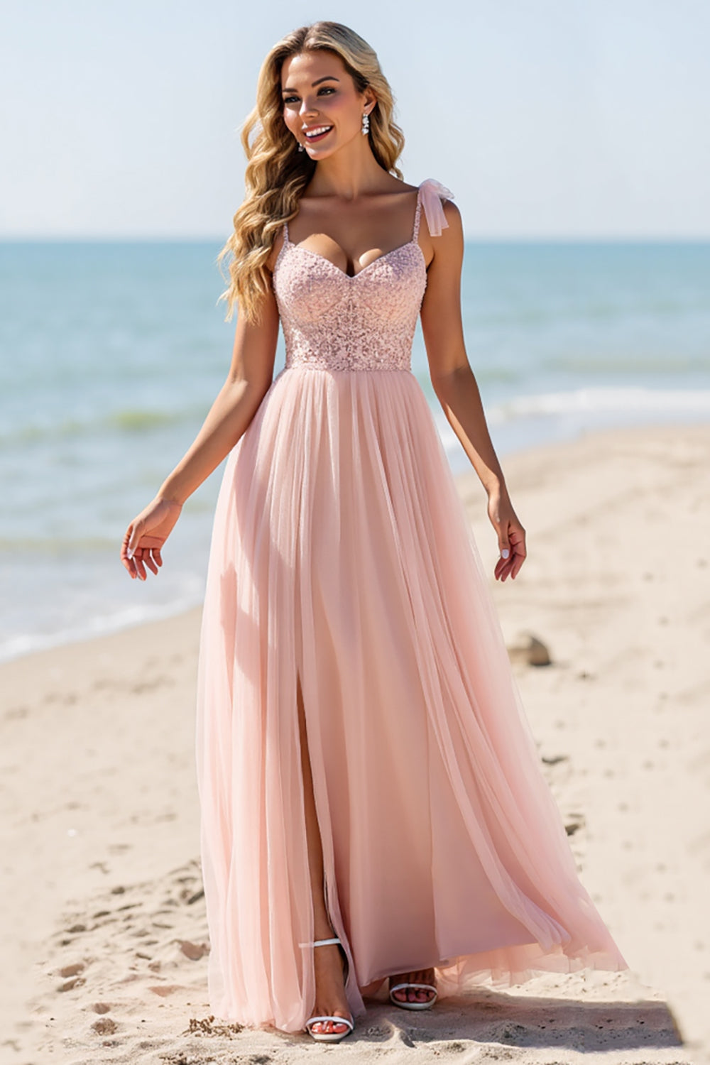 A Line Tulle Blush Bridesmaid Dress with Appliques