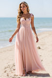 A Line Tulle Blush Bridesmaid Dress with Appliques