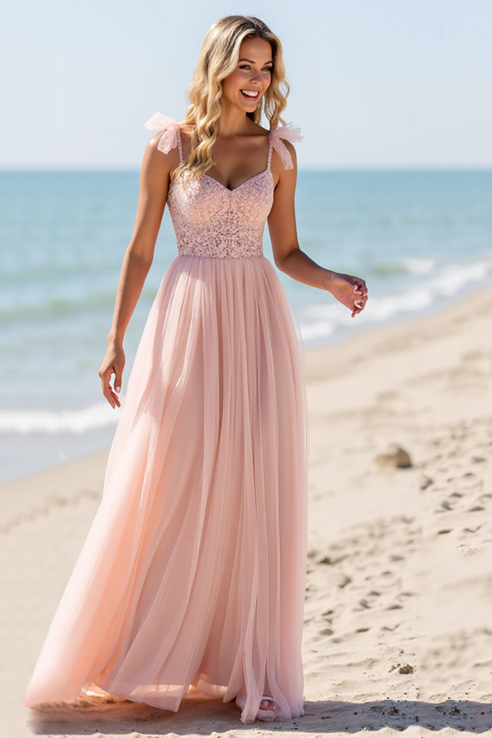 A Line Tulle Blush Bridesmaid Dress with Appliques