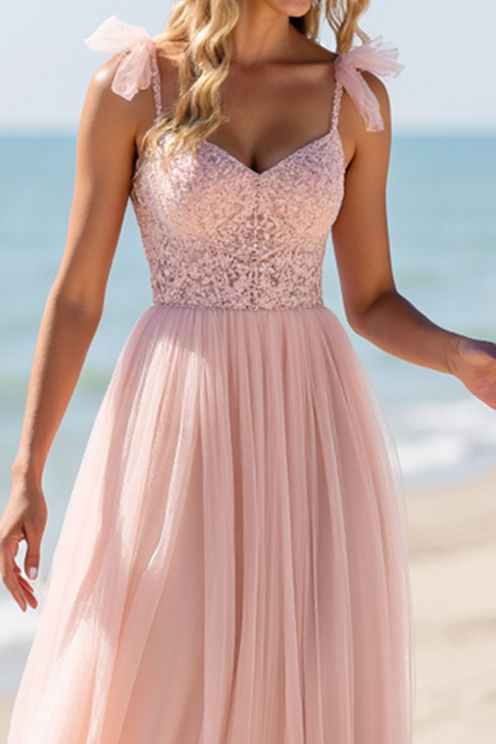 A Line Tulle Blush Bridesmaid Dress with Appliques
