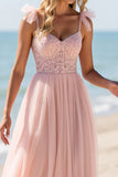 A Line Tulle Blush Bridesmaid Dress with Appliques