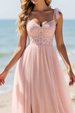 A Line Tulle Blush Bridesmaid Dress with Appliques