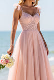 A Line Tulle Blush Bridesmaid Dress with Appliques