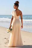 One Shoulder Chiffon Apricot Bridesmaid Dress with Slit