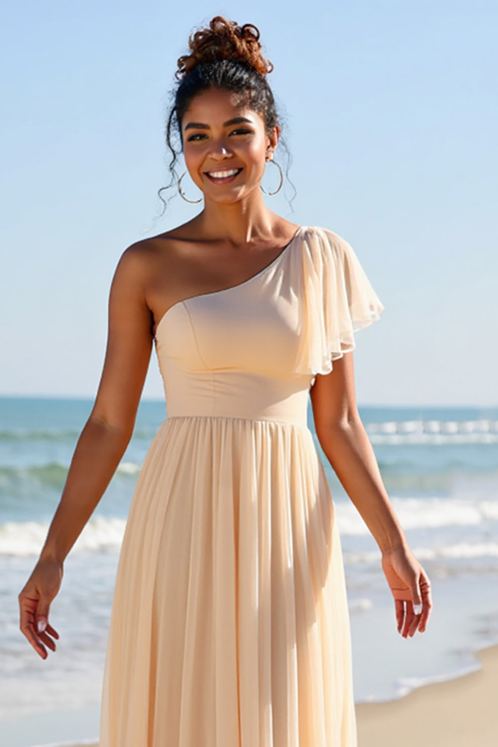 One Shoulder Chiffon Apricot Bridesmaid Dress with Slit