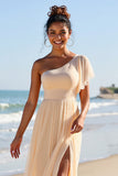 One Shoulder Chiffon Apricot Bridesmaid Dress with Slit