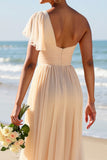 One Shoulder Chiffon Apricot Bridesmaid Dress with Slit