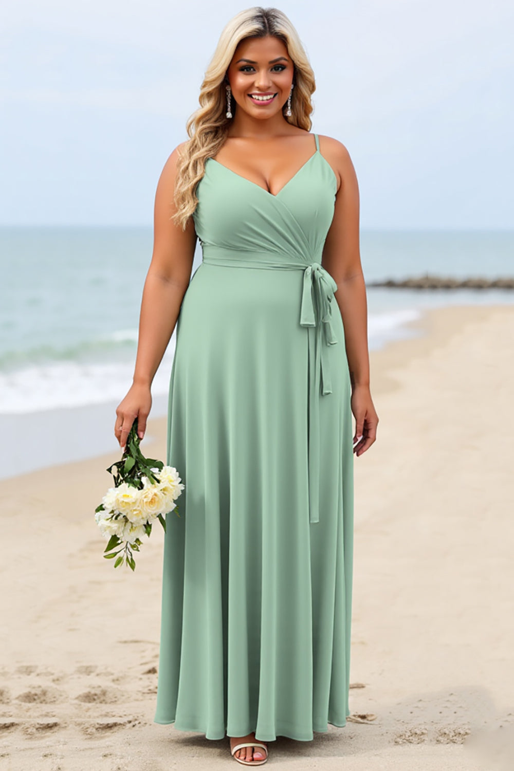 Plus Size Ruffled Sage Green Bridesmaid Dress with Sash