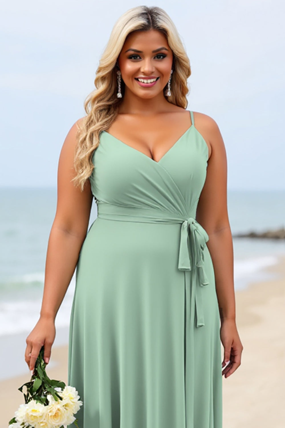 Plus Size Ruffled Sage Green Bridesmaid Dress with Sash