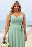Plus Size Ruffled Sage Green Bridesmaid Dress with Sash
