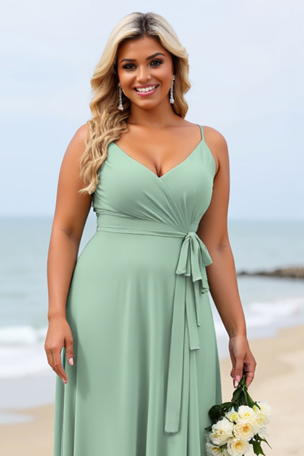 Plus Size Ruffled Sage Green Bridesmaid Dress with Sash