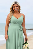 Plus Size Ruffled Sage Green Bridesmaid Dress with Sash