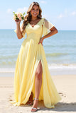 Chiffon A Line Yellow Bridesmaid Dress with Flutter Sleeves