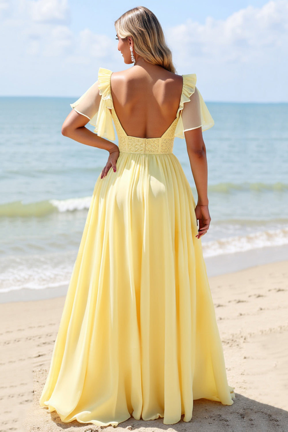 Chiffon A Line Yellow Bridesmaid Dress with Flutter Sleeves