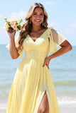 Chiffon A Line Yellow Bridesmaid Dress with Flutter Sleeves